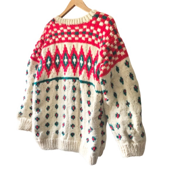 Vtg Hand Knit Christmas Nordic Southwestern Aztec Fisherman Grandpa Wool Sweater - Picture 6 of 12